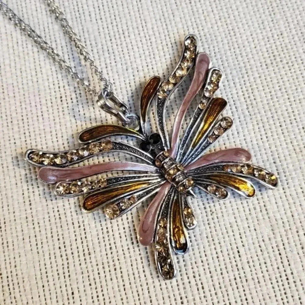 Art Nouveau Butterfly Necklace Brown Amber Enamel